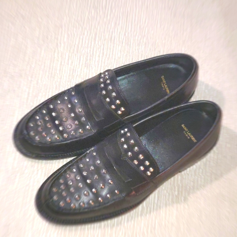 Womens Saint Laurent Rock stud black leather loafers